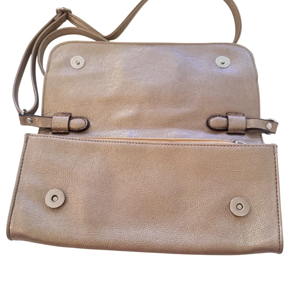 Kathy Van Zeeland Crown Rhinestone Crossbody Bag Purse Metallic brown 10x5 EUC‎